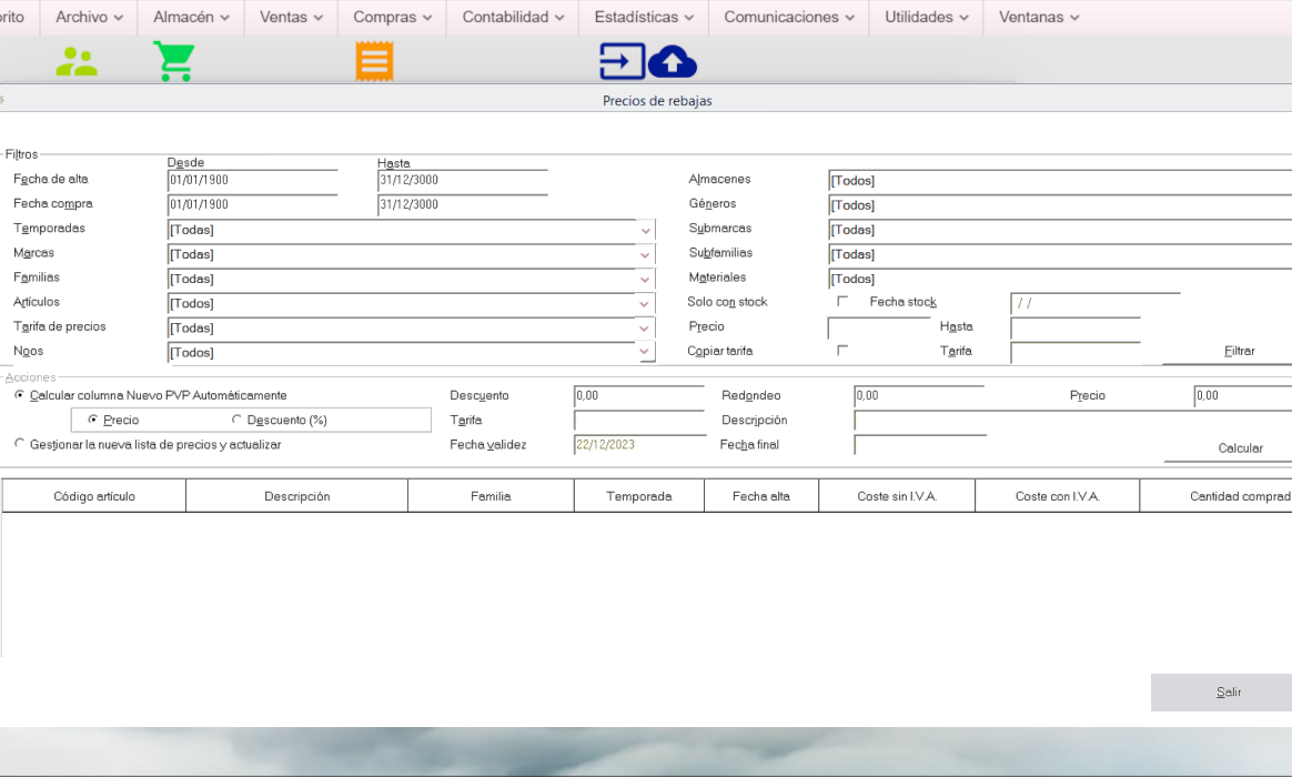 Rebajas o cambios en precios masivos